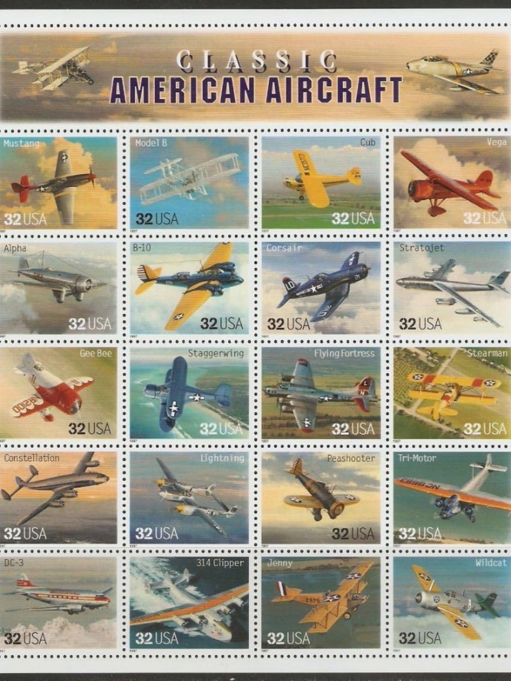 1997 Classic American Aircraft - Sheet of Twenty Stamps